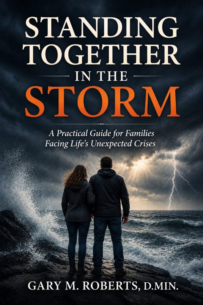 Book cover image. Man and woman standing on rocks overlooking a storm. Standing Together in the Storm by Gary M. Roberts