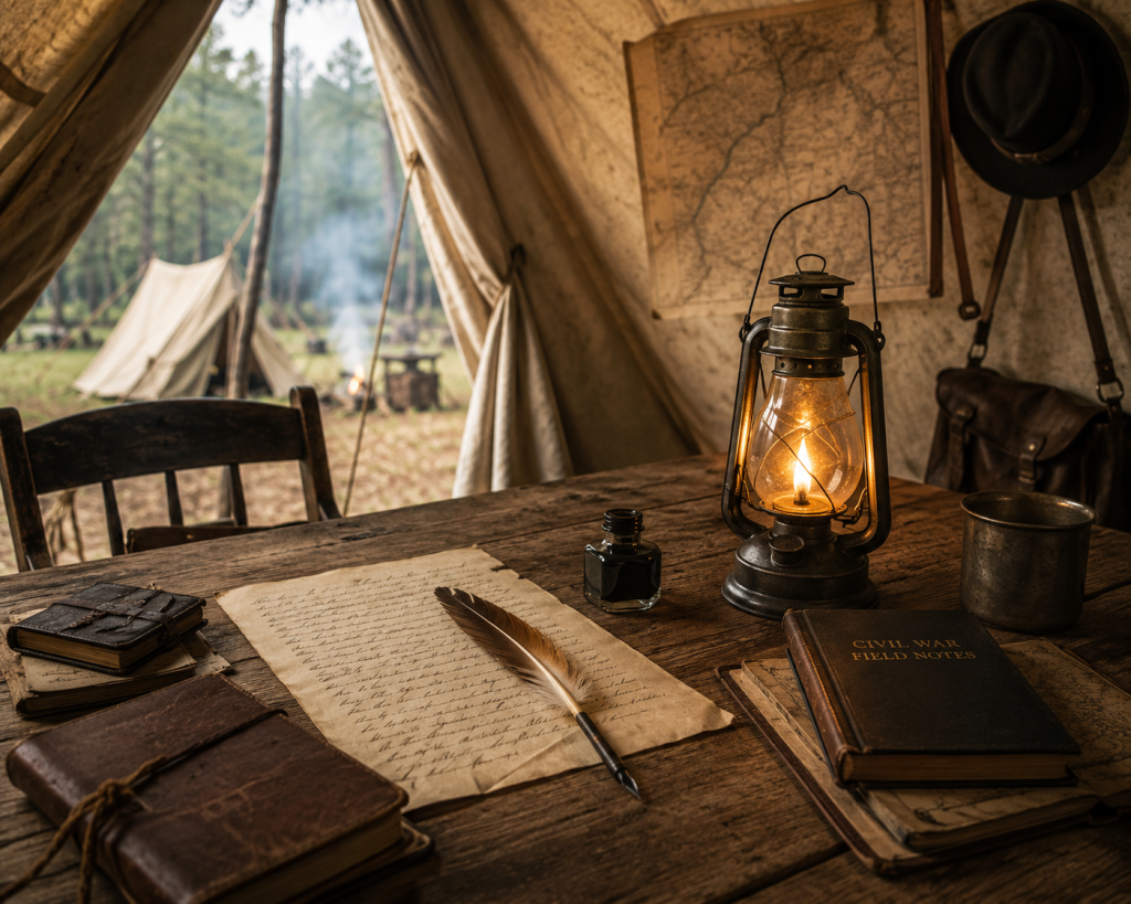 The Author's Camp. Small desk in a tent with a lantern, paper and quill for writing