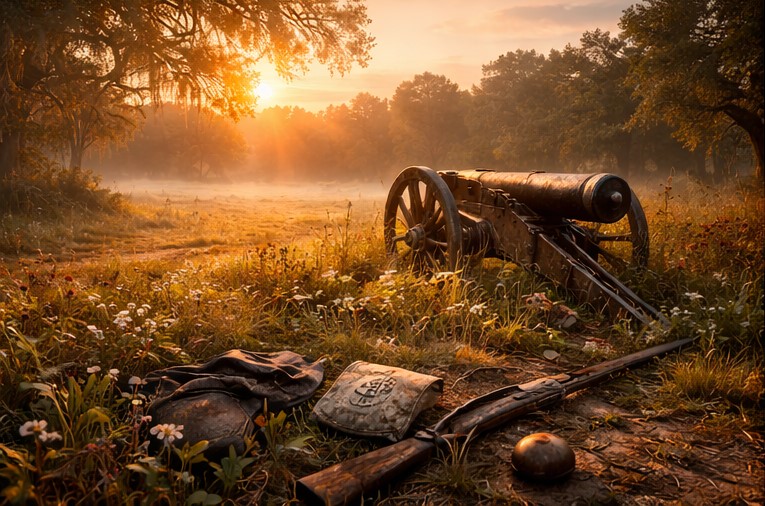 A battle field at sunrise.
